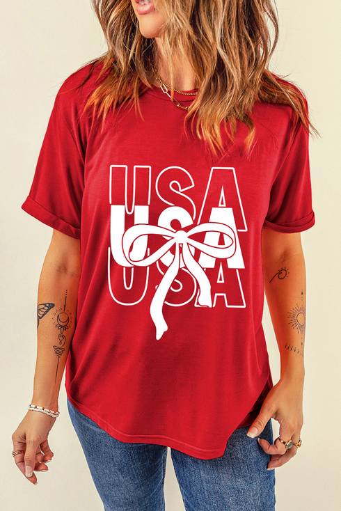 Patriotic Bow Graphic Print Short Sleeve Cotton Blend Tee