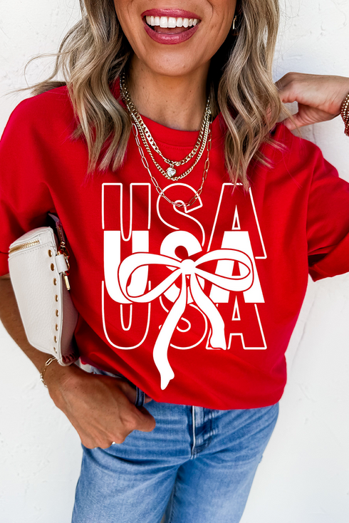Patriotic Bow Graphic Print Short Sleeve Cotton Blend Tee