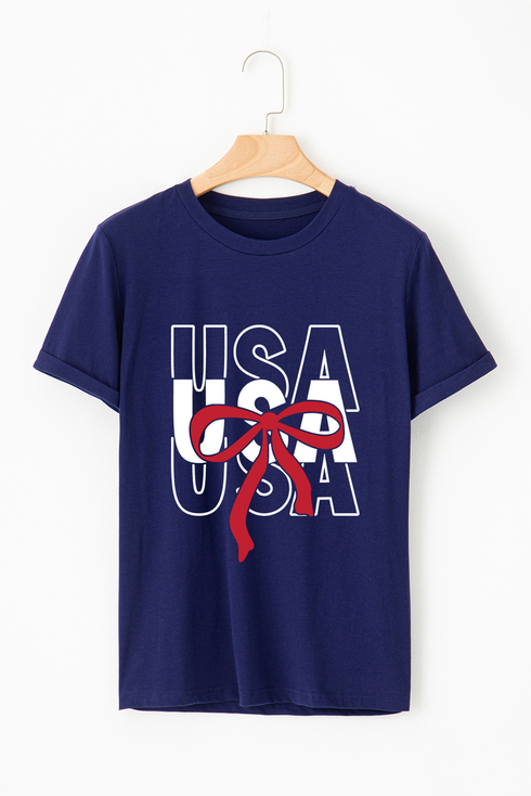Patriotic Bow Graphic Print Short Sleeve Cotton Blend Tee