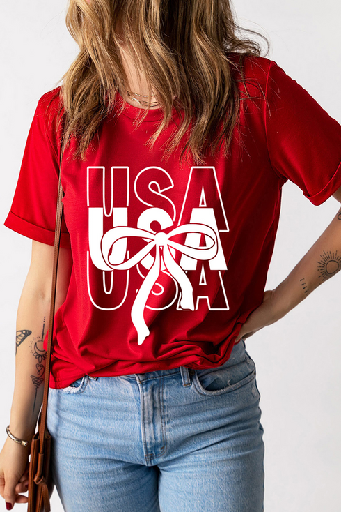 Patriotic Bow Graphic Print Short Sleeve Cotton Blend Tee