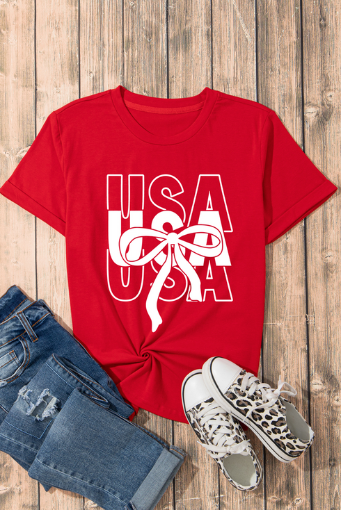 Patriotic Bow Graphic Print Short Sleeve Cotton Blend Tee