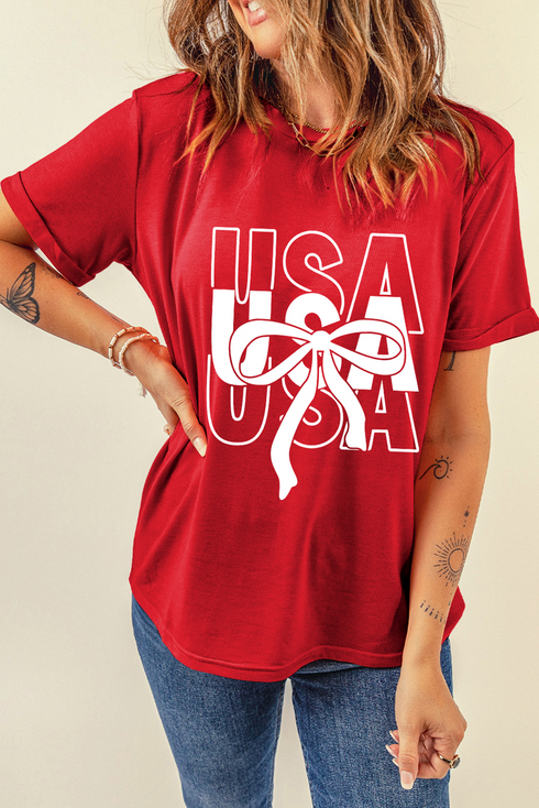 Patriotic Bow Graphic Print Short Sleeve Cotton Blend Tee