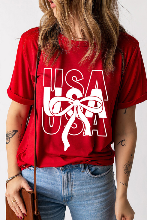 Patriotic Bow Graphic Print Short Sleeve Cotton Blend Tee
