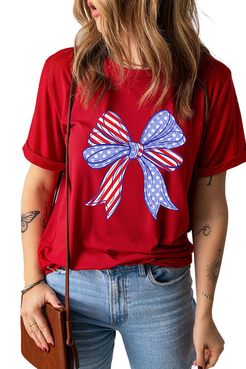 Patriotic Bow Print Crew Neck Soft Stretch T Shirt