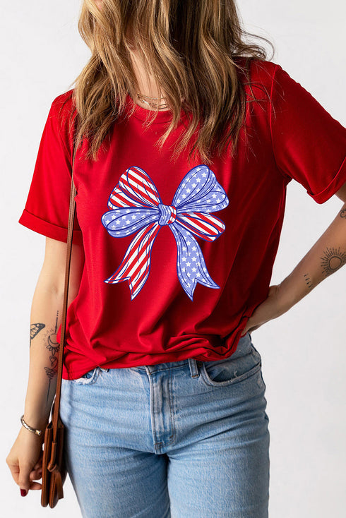 Patriotic Bow Print Crew Neck Soft Stretch T Shirt