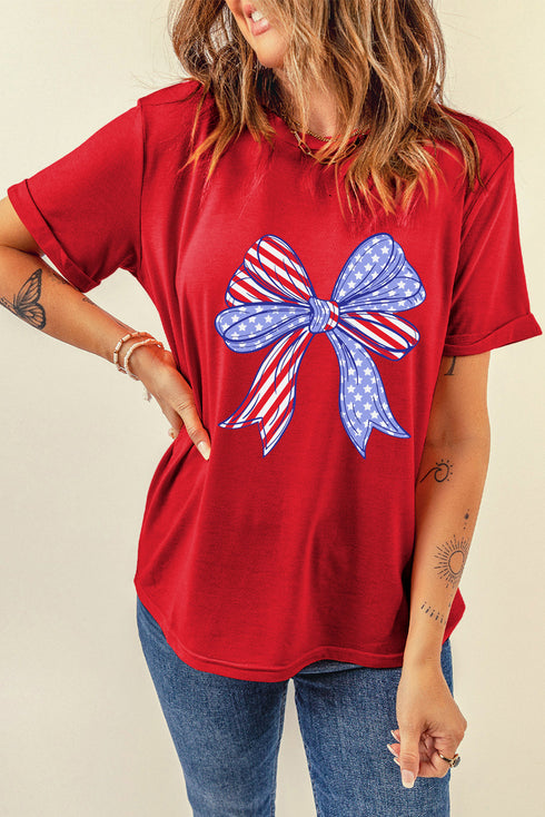 Patriotic Bow Print Crew Neck Soft Stretch T Shirt