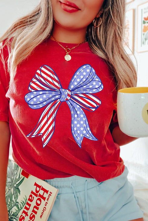Patriotic Bow Print Crew Neck Soft Stretch T Shirt