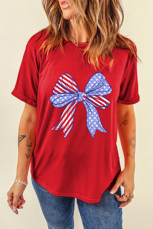 Patriotic Bow Print Crew Neck Soft Stretch T Shirt