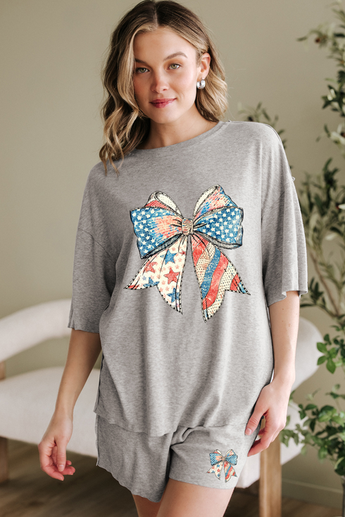 Patriotic Flag Bow Print Half Sleeve Graphic Set