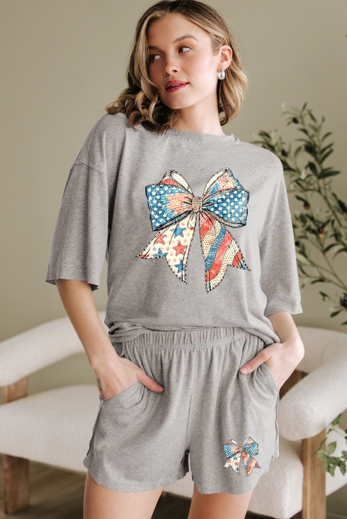 Patriotic Flag Bow Print Half Sleeve Graphic Set