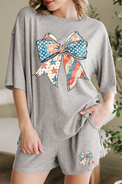 Patriotic Flag Bow Print Half Sleeve Graphic Set