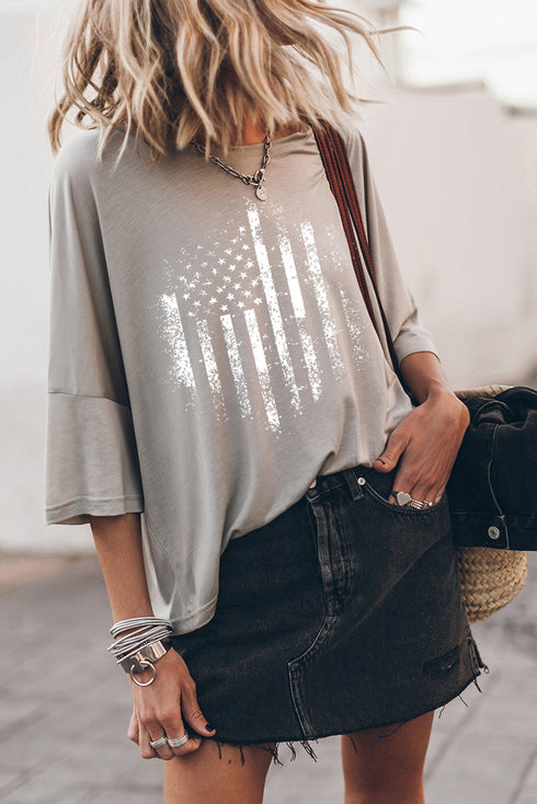 Patriotic Flag Print Loose Fit Three Quarter Sleeve Tee