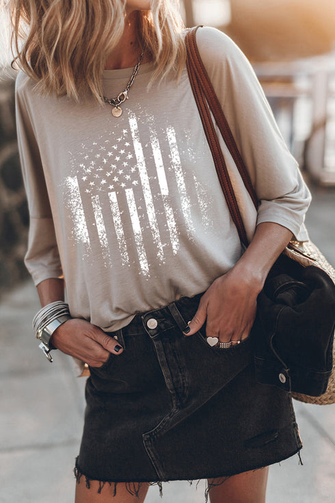 Patriotic Flag Print Loose Fit Three Quarter Sleeve Tee