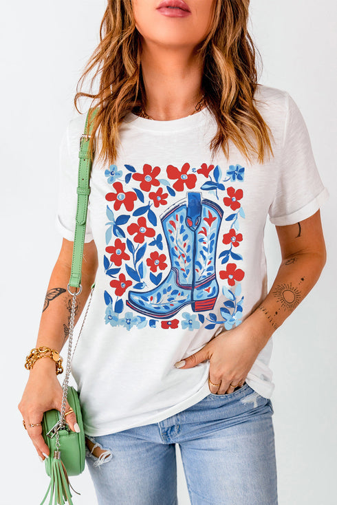 Patriotic Floral Boots Western Graphic Summer Tee