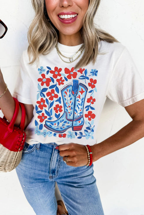 Patriotic Floral Boots Western Graphic Summer Tee