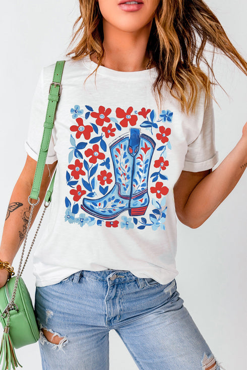 Patriotic Floral Boots Western Graphic Summer Tee