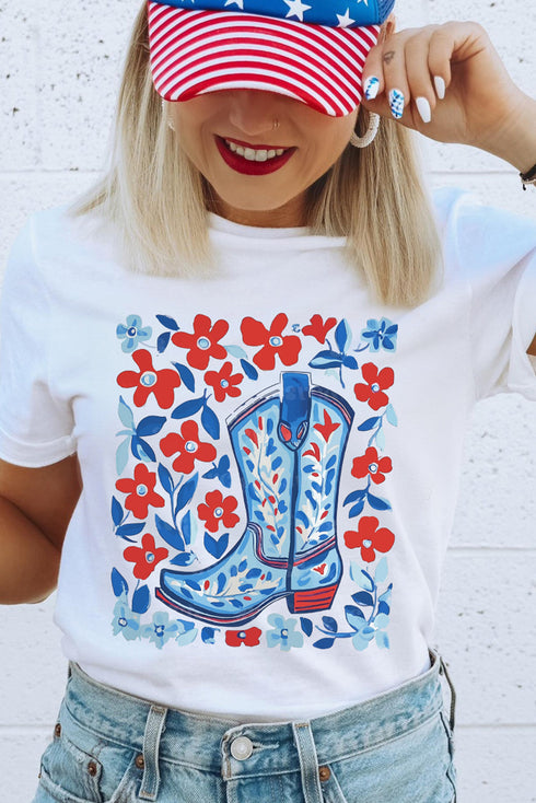 Patriotic Floral Boots Western Graphic Summer Tee