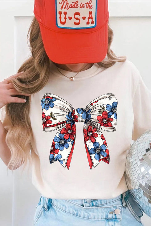 Patriotic Floral Bow All American Summer Graphic Crewneck Tee