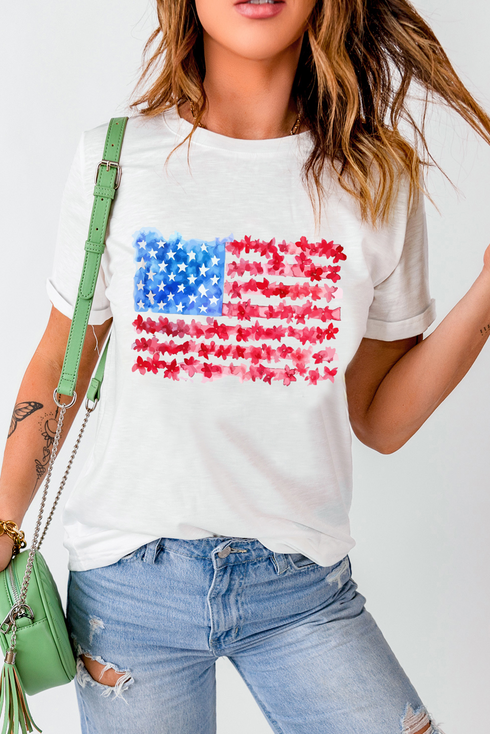 Patriotic Floral Flag Graphic Short Sleeve Tee