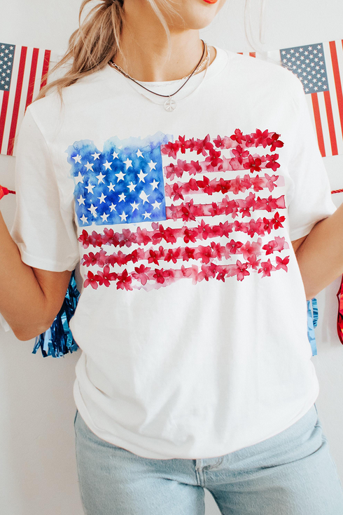 Patriotic Floral Flag Graphic Short Sleeve Tee