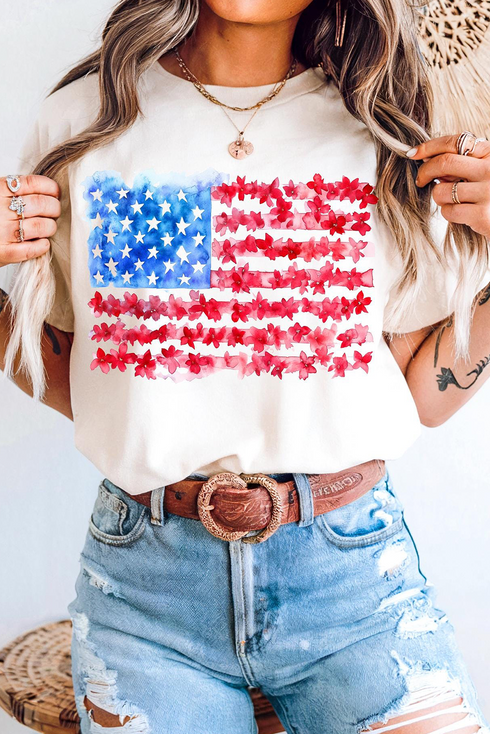 Patriotic Floral Flag Graphic Short Sleeve Tee