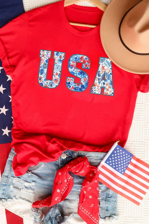 Patriotic Floral Print USA Graphic Crew Neck Tee