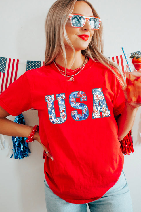 Patriotic Floral Print USA Graphic Crew Neck Tee