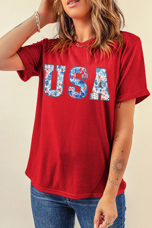 Patriotic Floral Print USA Graphic Crew Neck Tee