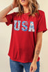 Patriotic Floral Print USA Graphic Crew Neck Tee