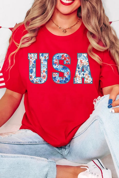 Patriotic Floral Print USA Graphic Crew Neck Tee