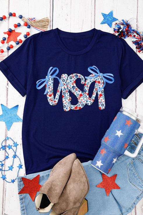 Patriotic Floral USA Bow Graphic Summer Tee