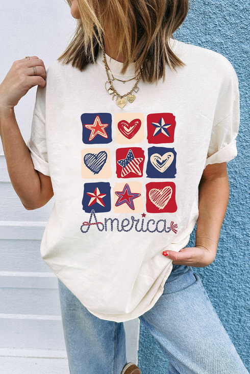 Patriotic Heart Star Checkered Graphic Short Sleeve Tee