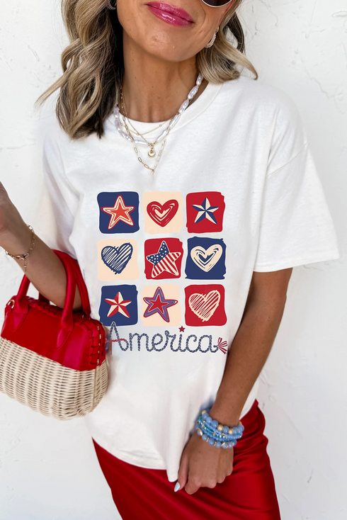 Patriotic Heart Star Checkered Graphic Short Sleeve Tee