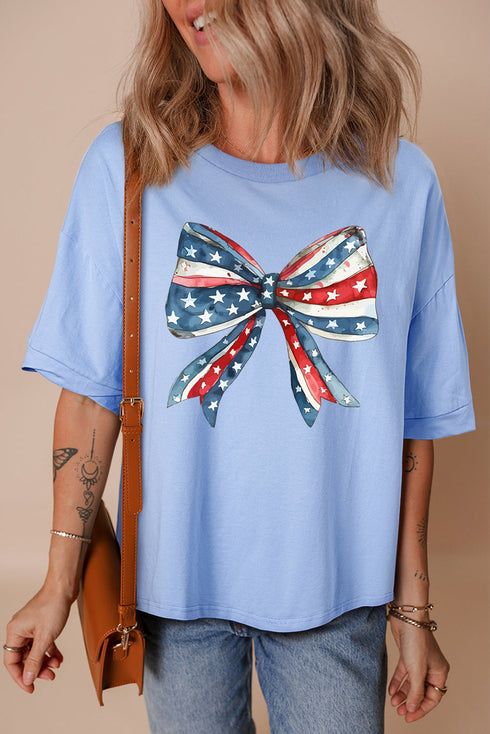Patriotic July Fourth Stars Stripes Bow Graphic Oversized Tee Shirt