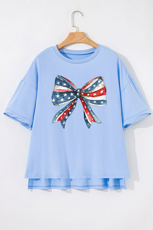Patriotic July Fourth Stars Stripes Bow Graphic Oversized Tee Shirt