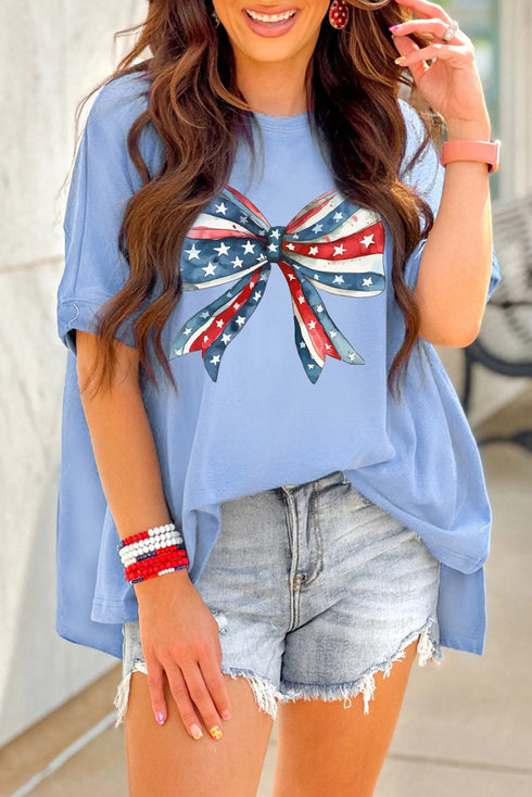 Patriotic July Fourth Stars Stripes Bow Graphic Oversized Tee Shirt