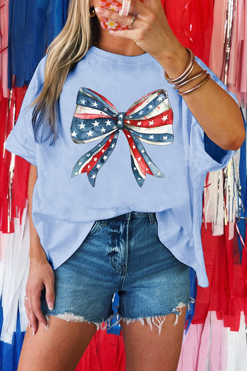 Patriotic July Fourth Stars Stripes Bow Graphic Oversized Tee Shirt