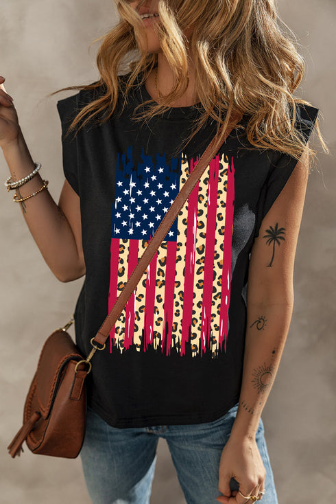 Patriotic Leopard American Flag Graphic Padded Shoulder Muscle Tank