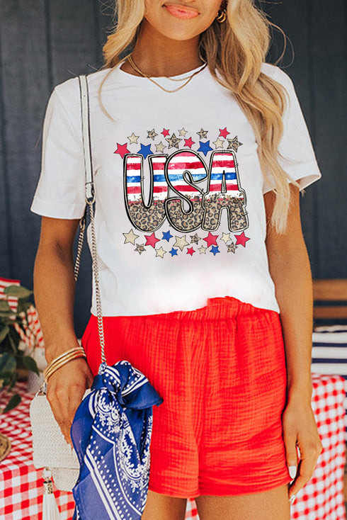 Patriotic Leopard Star USA Letter Graphic Tee
