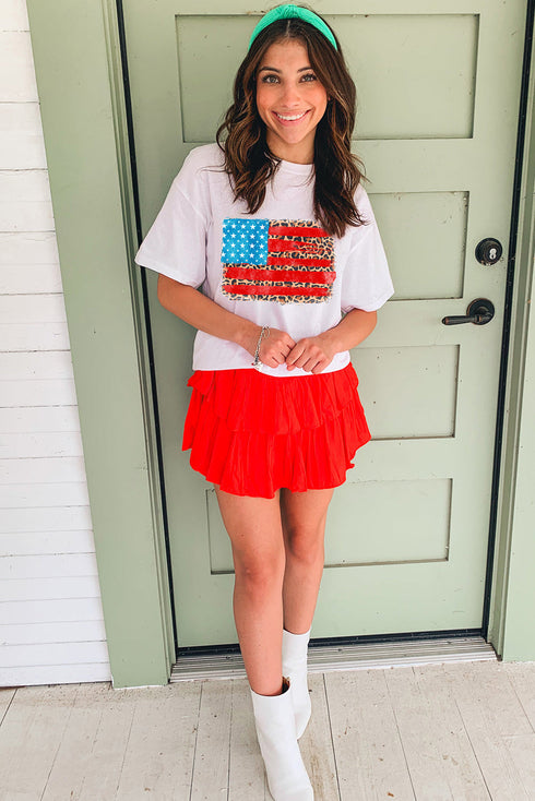 Patriotic Leopard Stripe American Flag Graphic Short Sleeve Tee