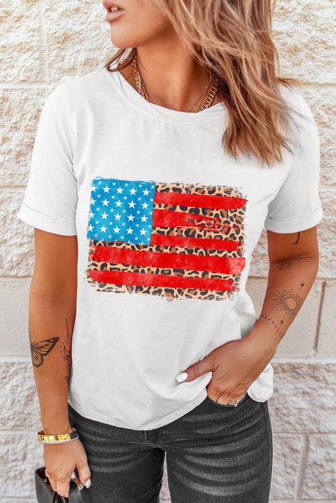 Patriotic Leopard Stripe American Flag Graphic Short Sleeve Tee