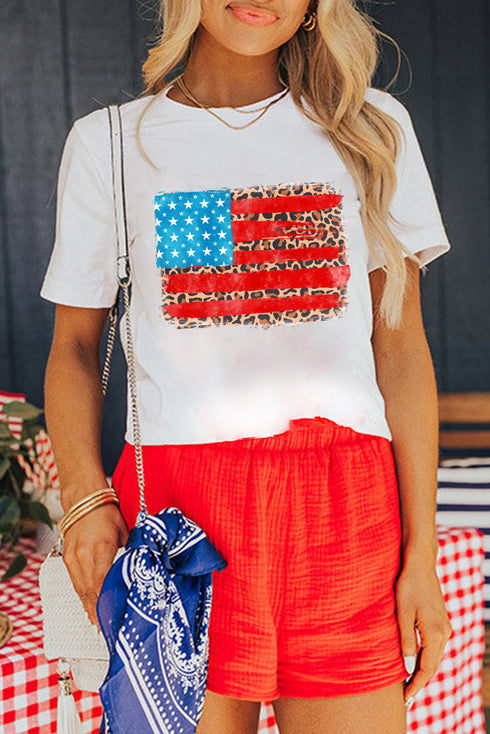 Patriotic Leopard Stripe American Flag Graphic Short Sleeve Tee