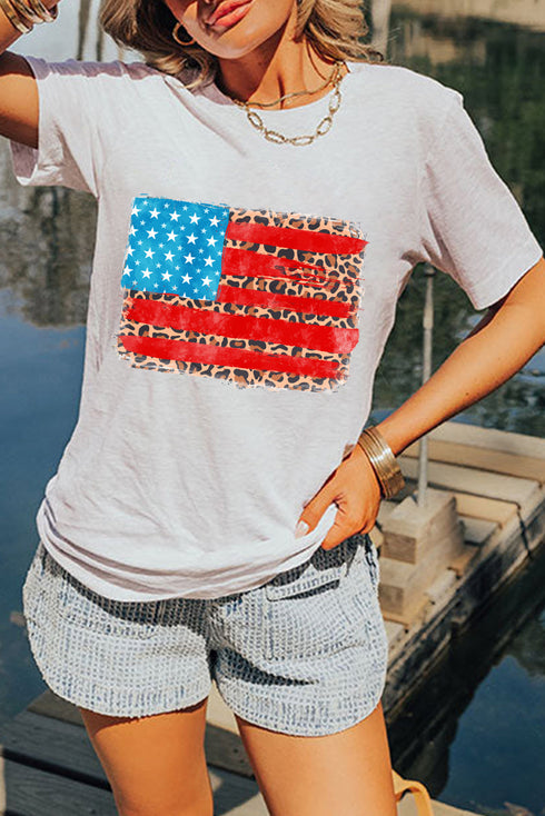 Patriotic Leopard Stripe American Flag Graphic Short Sleeve Tee