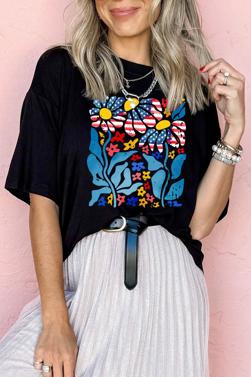 Patriotic Petals American Flag Floral Graphic Drop Shoulder Tee