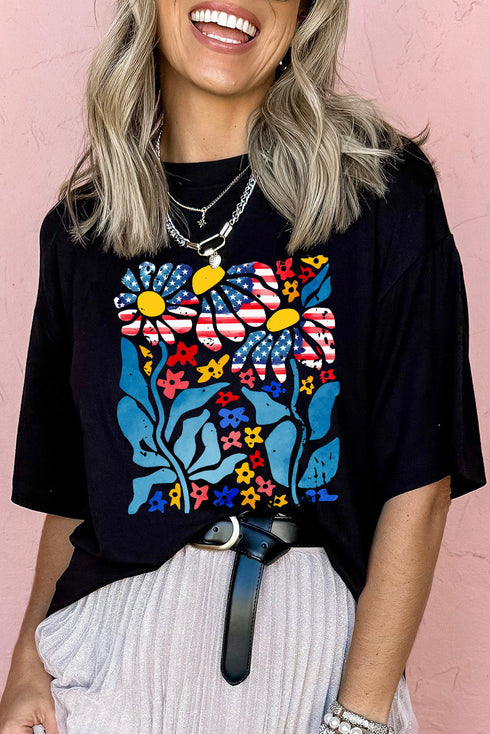 Patriotic Petals American Flag Floral Graphic Drop Shoulder Tee