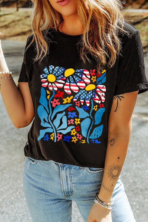 Patriotic Petals American Flag Floral Graphic Drop Shoulder Tee