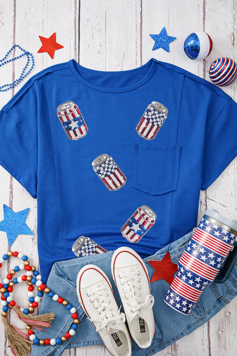 Patriotic Pop American Flag Sequin Graphic Oversized Celebration Tee Top