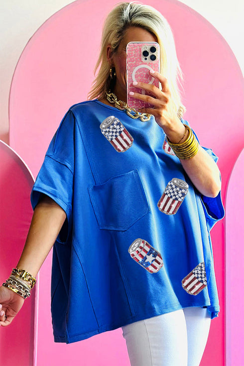 Patriotic Pop American Flag Sequin Graphic Oversized Celebration Tee Top