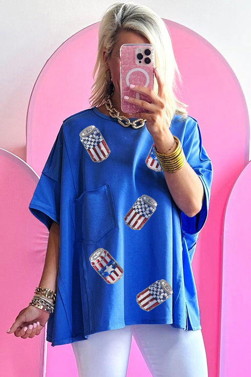 Patriotic Pop American Flag Sequin Graphic Oversized Celebration Tee Top