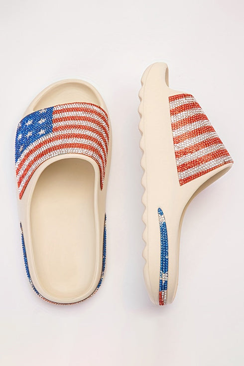 Patriotic Rhinestone Star Pattern Thick Sole Slide Slippers
